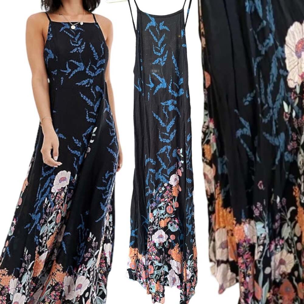 Free People Black, Navy Blue, Floral Maxi Dress - Low Back, High Neck - Sz XS